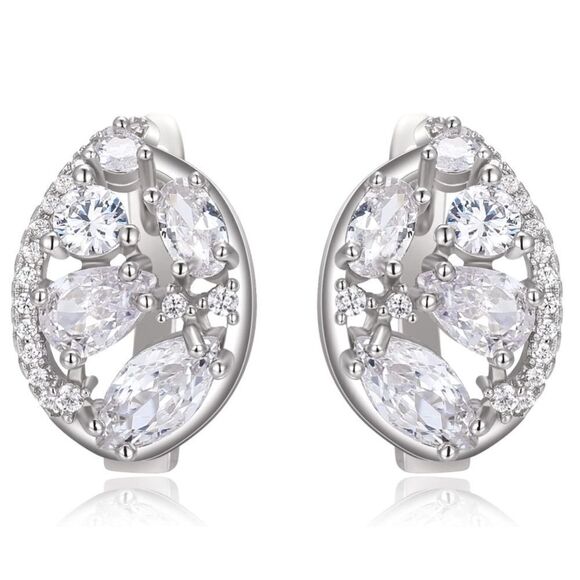 Silver with White Diamond Cubic Zirconia Post French Clip Oval Drop Earrings - Picture 1 of 6